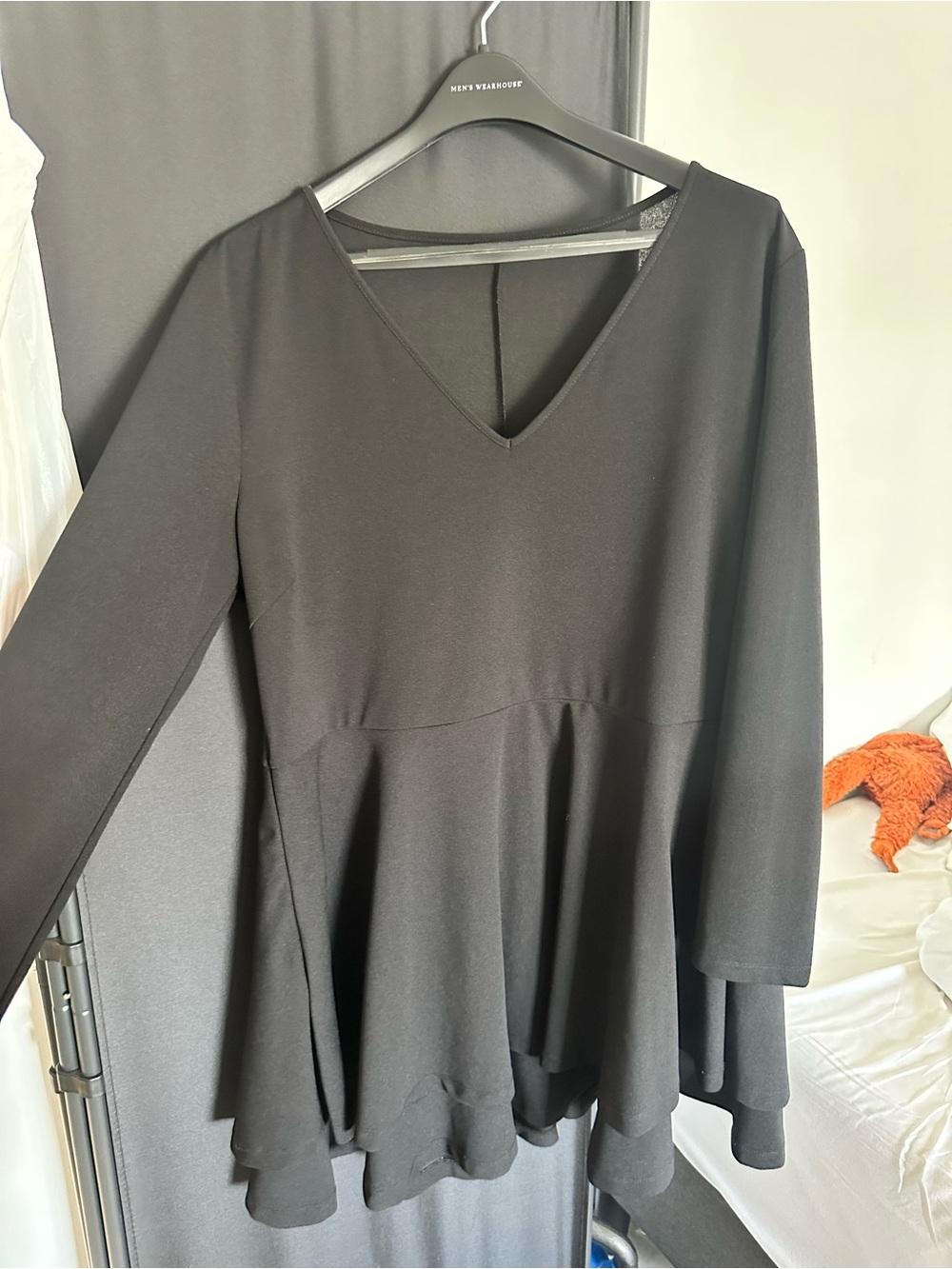 SHEIN Black V-Neck Long Sleeve Peplum Mini Dress